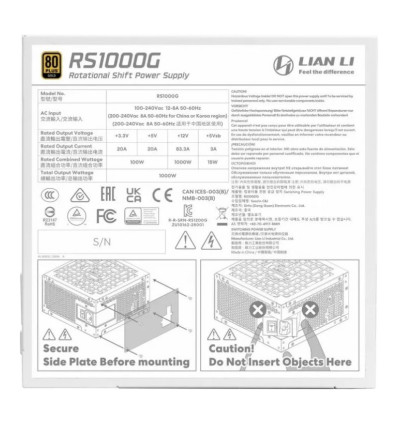 Lian Li RS 1000W 80+ Gold White Hub Fuente de alimentación 1000W